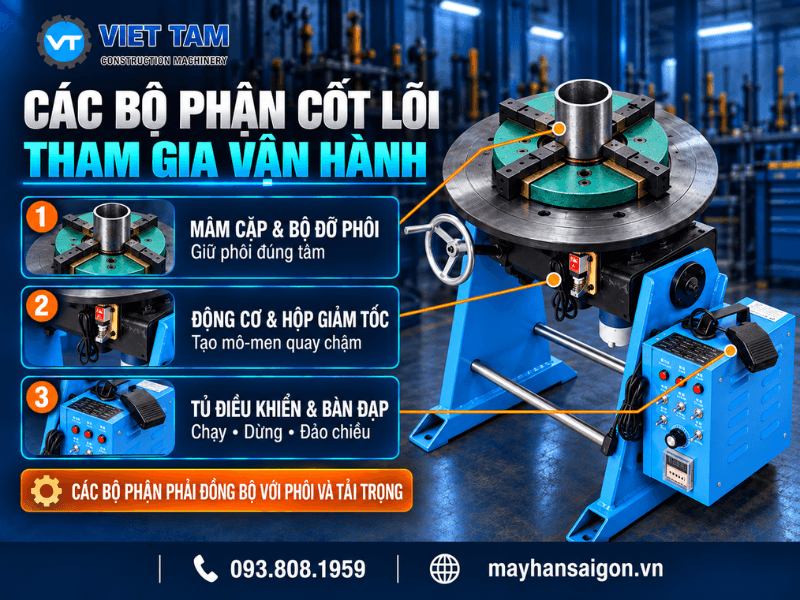 Quá trình vận hành của gá hàn xoay dựa trên sự phối hợp giữa cụm kẹp và đỡ phôi, hệ thống truyền động cùng bộ phận điều khiển
