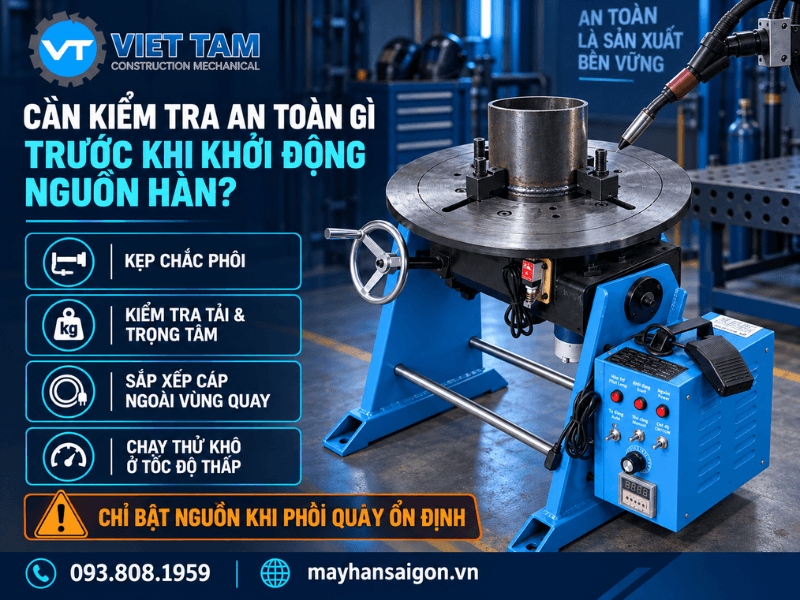 Trước khi hàn, người vận hành nên cho gá xoay chạy thử ở tốc độ thấp để kiểm tra phôi có bị đảo, rung hoặc va chạm với tay kẹp mỏ hàn hay không