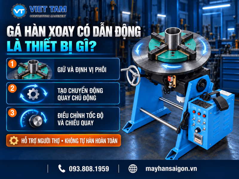 Gá hàn xoay tự động có dẫn động là thiết bị sử dụng động cơ và cụm truyền động để quay phôi quanh một trục với tốc độ được kiểm soát.