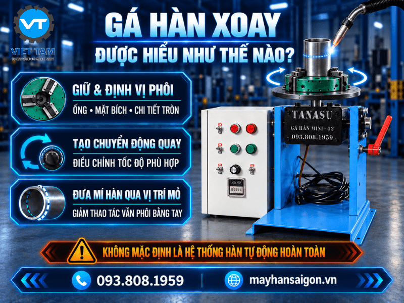 Gá hàn xoay là thiết bị hỗ trợ giữ, định vị và tạo chuyển động quay cho phôi trong quá trình hàn