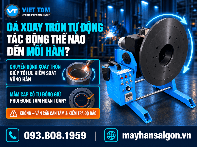Gá hàn xoay tạo chuyển động quay có kiểm soát cho phôi, giúp tốc độ tương đối giữa mỏ hàn và đường nối ổn định hơn