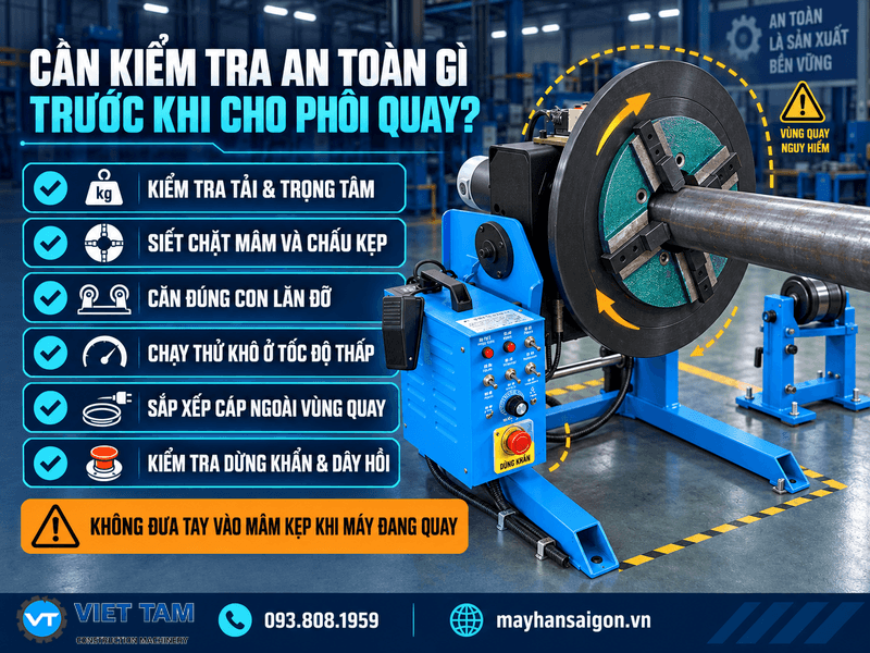 Trước khi vận hành gá hàn xoay, xưởng cần kiểm tra đồng thời tải trọng, cách kẹp phôi, cơ cấu nghiêng mâm, hệ thống cáp và vùng chuyển động xung quanh máy