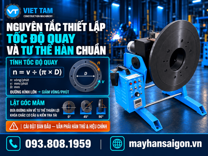 Tốc độ quay và góc đặt phôi cần được điều chỉnh theo đường kính chi tiết, phương pháp hàn, chiều dày vật liệu và kích thước mối hàn