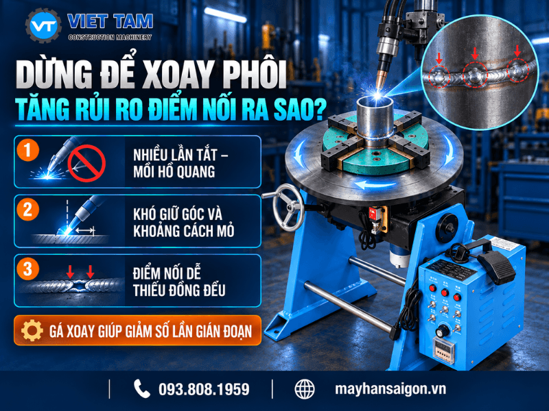 Khi hàn chu vi bằng phương pháp thủ công, người thợ thường phải ngắt hồ quang sau từng đoạn để xoay hoặc đổi tư thế phôi
