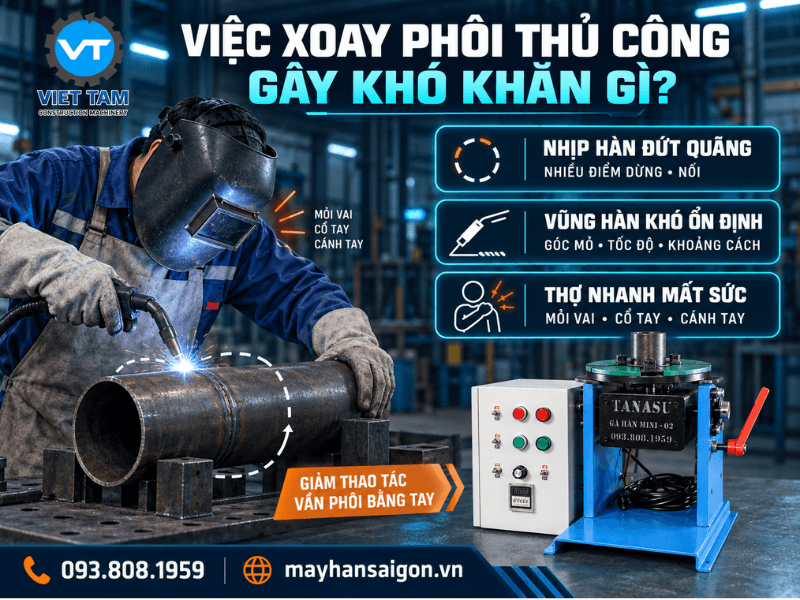 Khi chưa sử dụng gá hàn xoay, người thợ thường phải vừa giữ mỏ hàn vừa xoay, kê hoặc đổi tư thế phôi bằng tay.